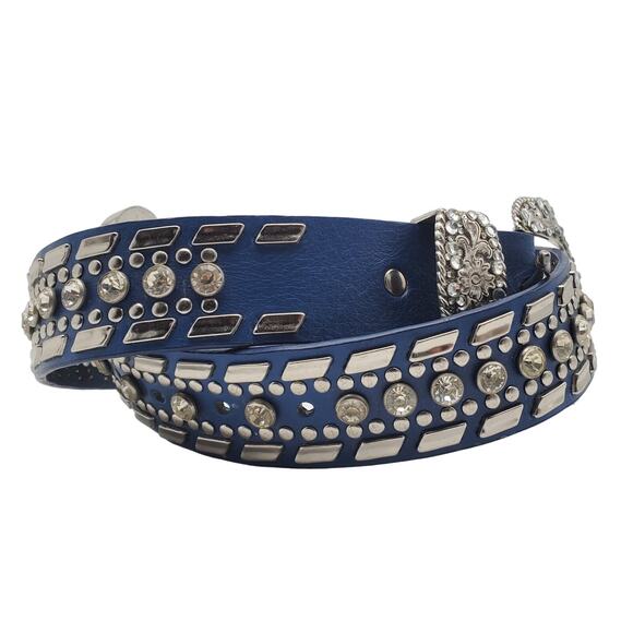 Nocona Blue Leather Belt Clear Crystal Stud Silver Tone Buckle Western Small 26" - Picture 3 of 16